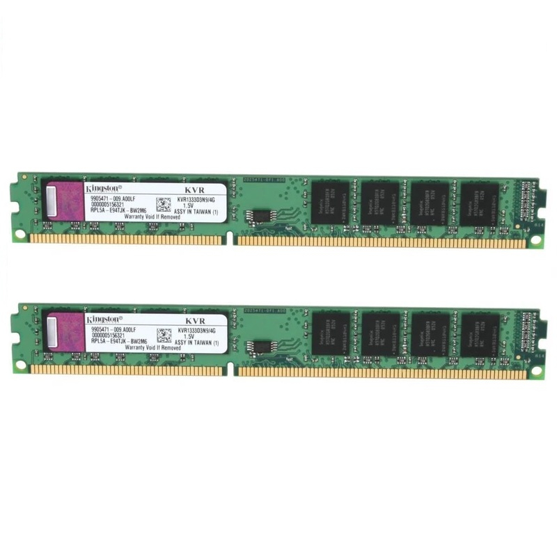 رم دسکتاپ DDR3 کینگستون مدل KVR1333D3N9/4G ظرفیت کلی 8 گیگابایت، مجموعه 2 عددی شامل ماژول‌های 4 گیگابایتی، فرکانس 1333 مگاهرتز، تایمینگ CL9 و معماری تک‌کاناله